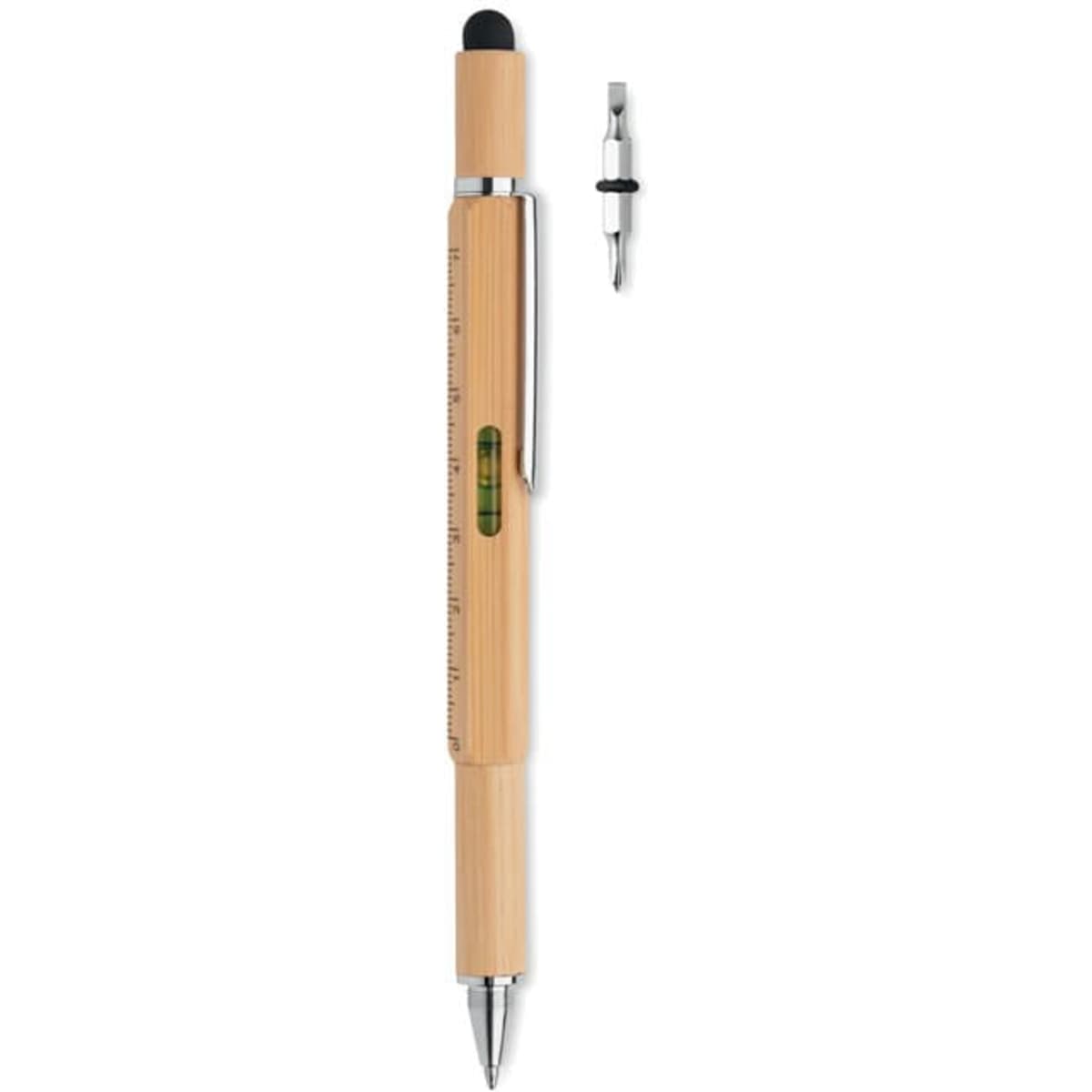 A bamboo multi-tool pen in natural wood, featuring a black writing tip, level, and stylus. Includes a removable cap.