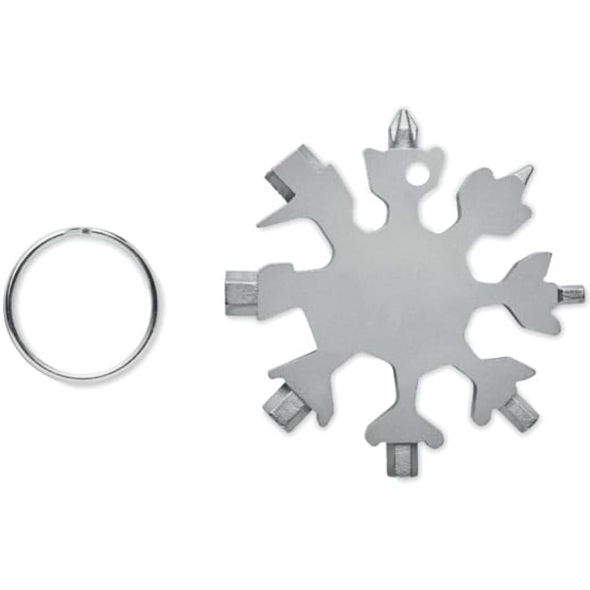 A multifunctional snowflake-shaped tool in silver, featuring various tools and a keyring for attachment.
