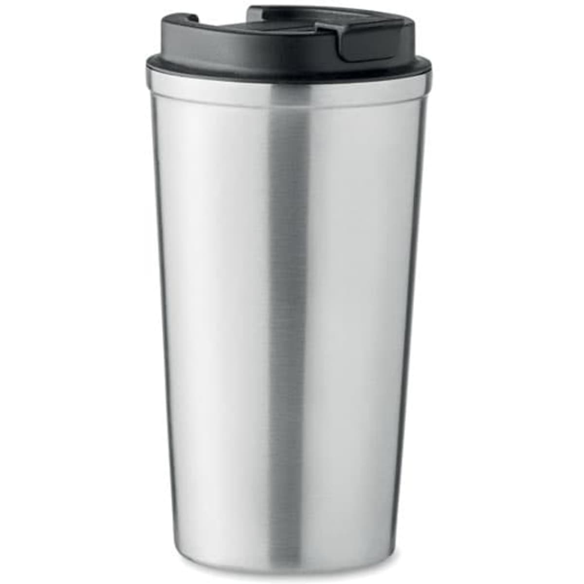 A stainless steel drink bottle with a black lid and a sleek, shiny finish. It has a logo on the side.