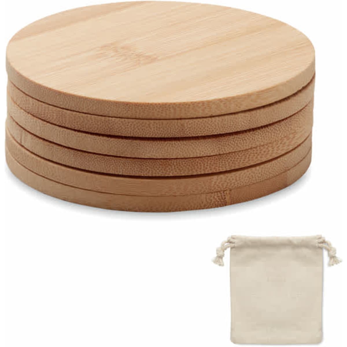 A set of four bamboo coasters stacked together, with a beige drawstring bag placed underneath.