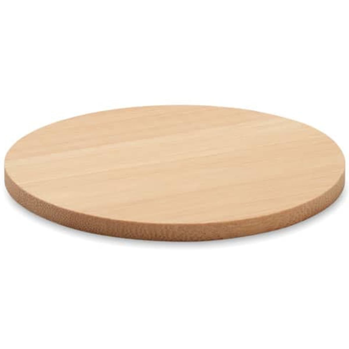 A round bamboo serving board in natural wood tones, featuring a smooth, flat surface.