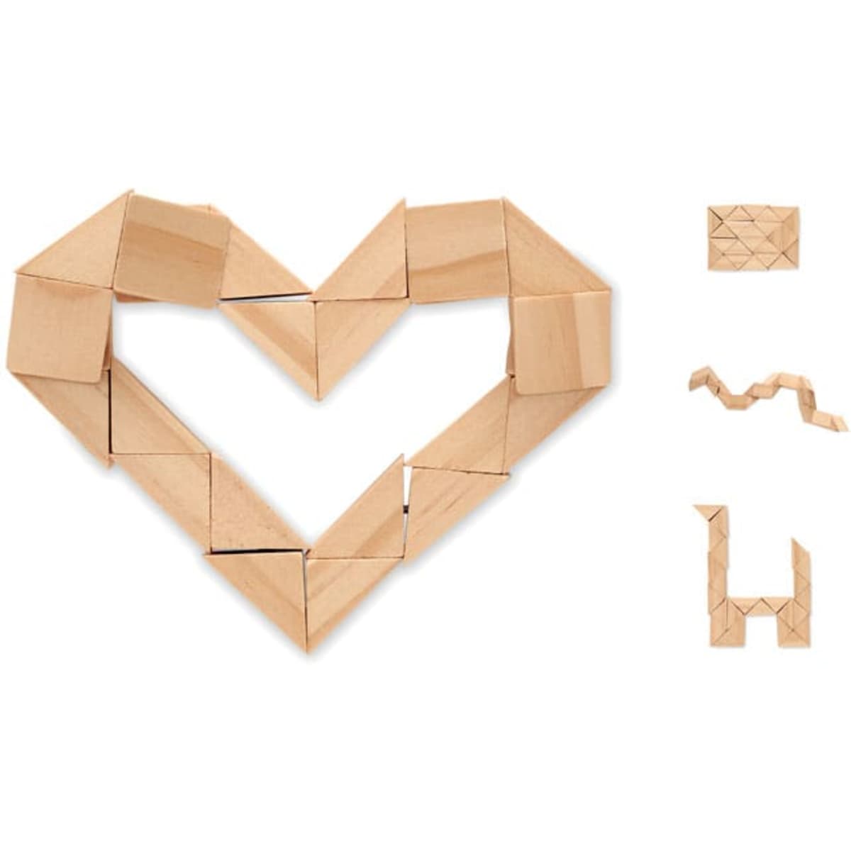 A wooden toy set featuring various geometric shapes arranged in a heart, with additional shapes displayed separately.