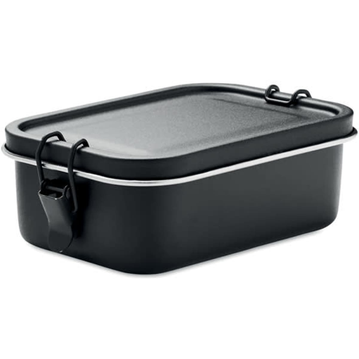 A black lunchbox with a secure lid and clips, featuring a sleek, rectangular design. It has a logo on the side.