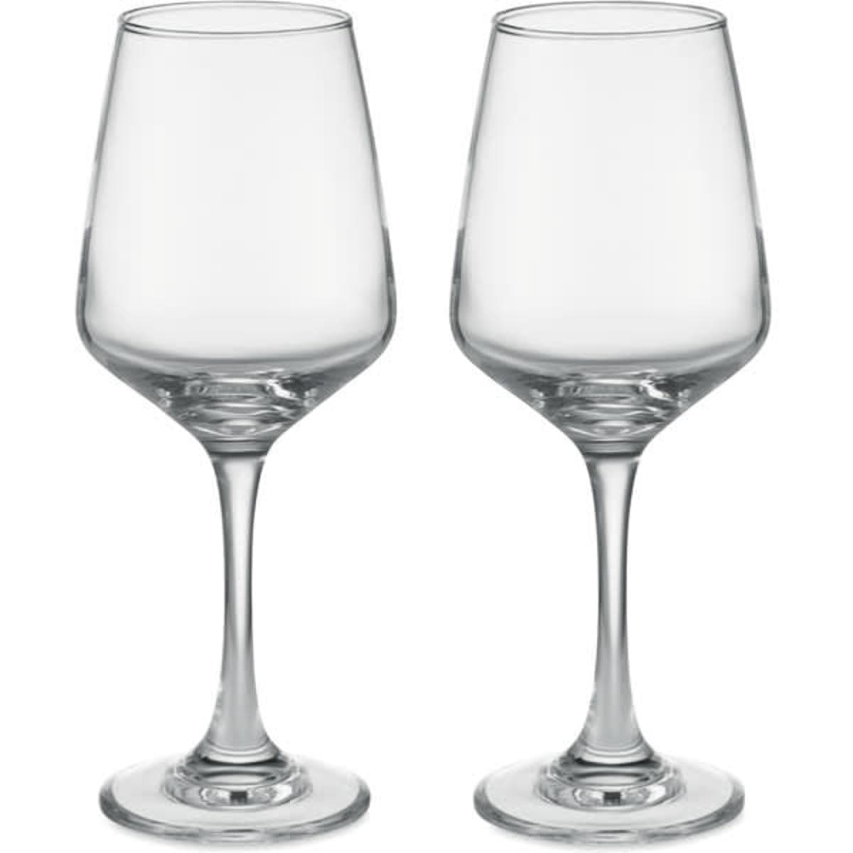 A pair of clear wine glasses with elegant curved bowls and slender stems. Each glass is transparent and classic in style.