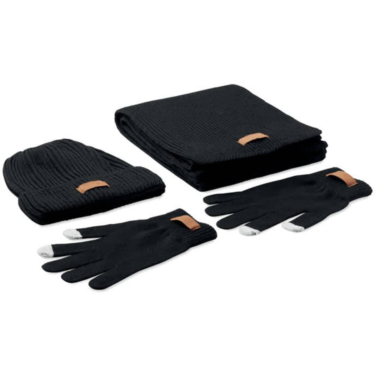 A knit beanie, scarf, and gloves set in black, featuring a small logo on each item.