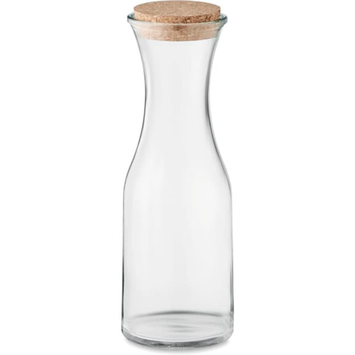 A glass drink bottle with a cork lid, featuring a slender, elegant design. Clear with a natural cork top.