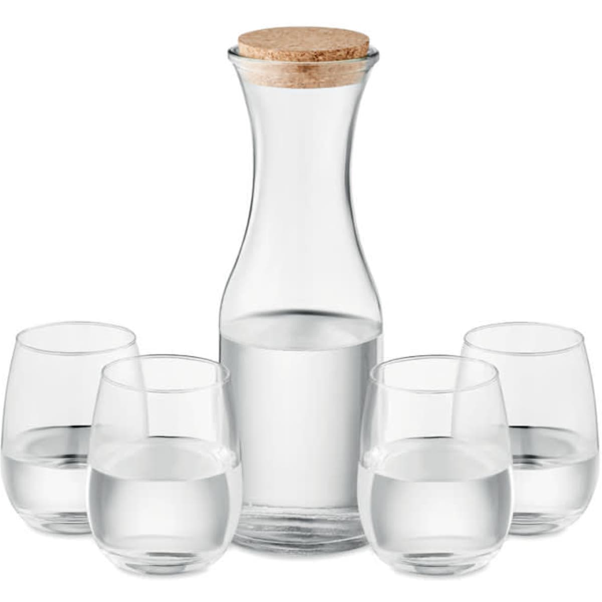 A drink bottle with a cork stopper surrounded by four clear glasses, all holding water.