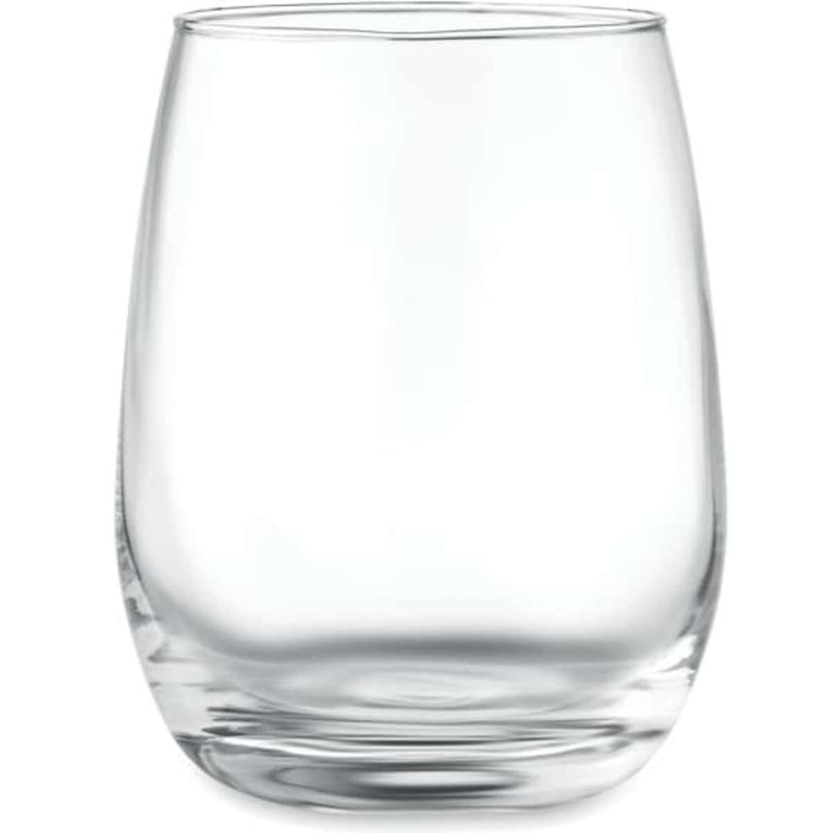 A clear glass tumbler with a smooth, curved design and no visible markings.
