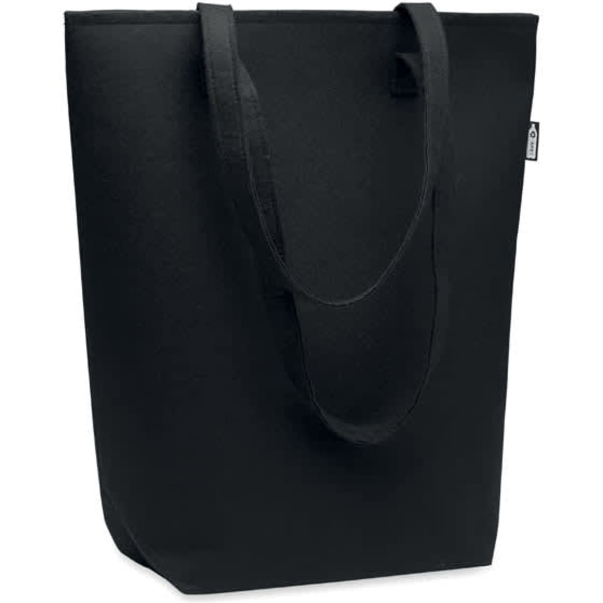 A black tote bag with two handles and a simple design. It has a logo on the side.