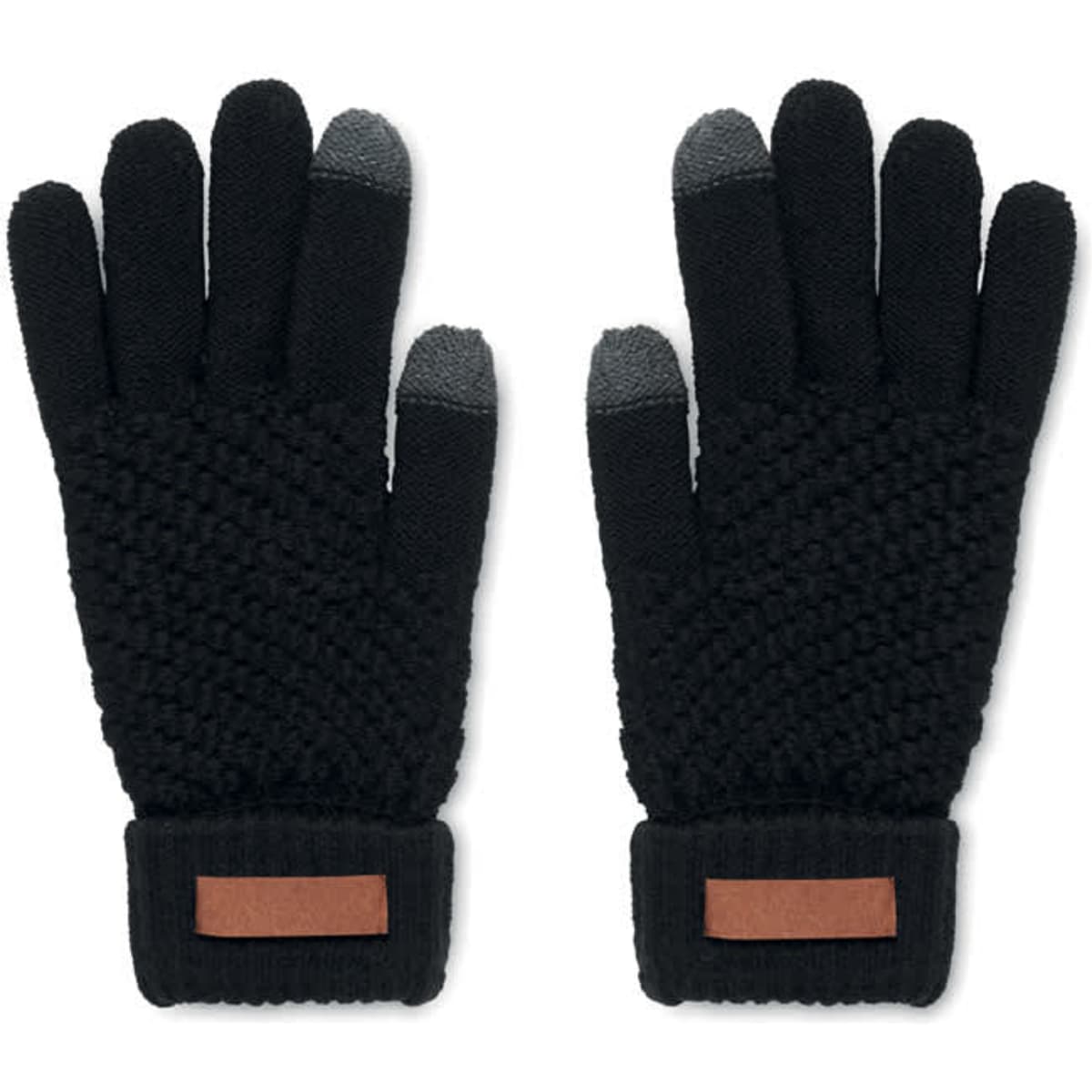 A pair of black gloves with a textured design and touchscreen-compatible fingertips. Features a brown leather patch.