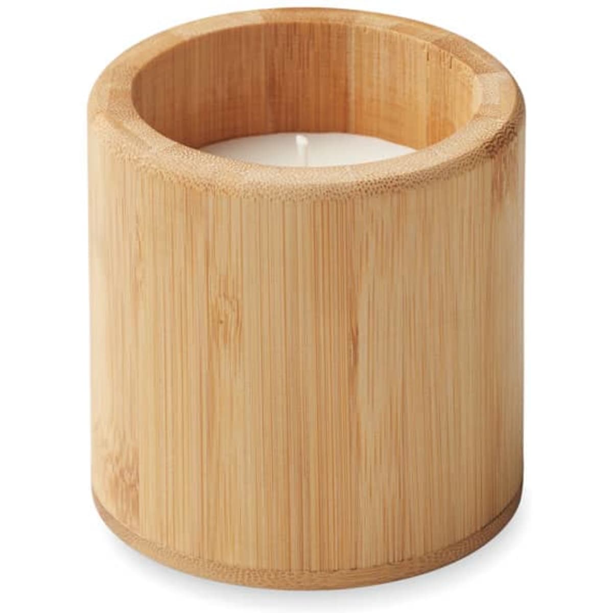 A bamboo candle holder featuring a minimalist design with a white candle inside. The holder has a cylindrical shape.