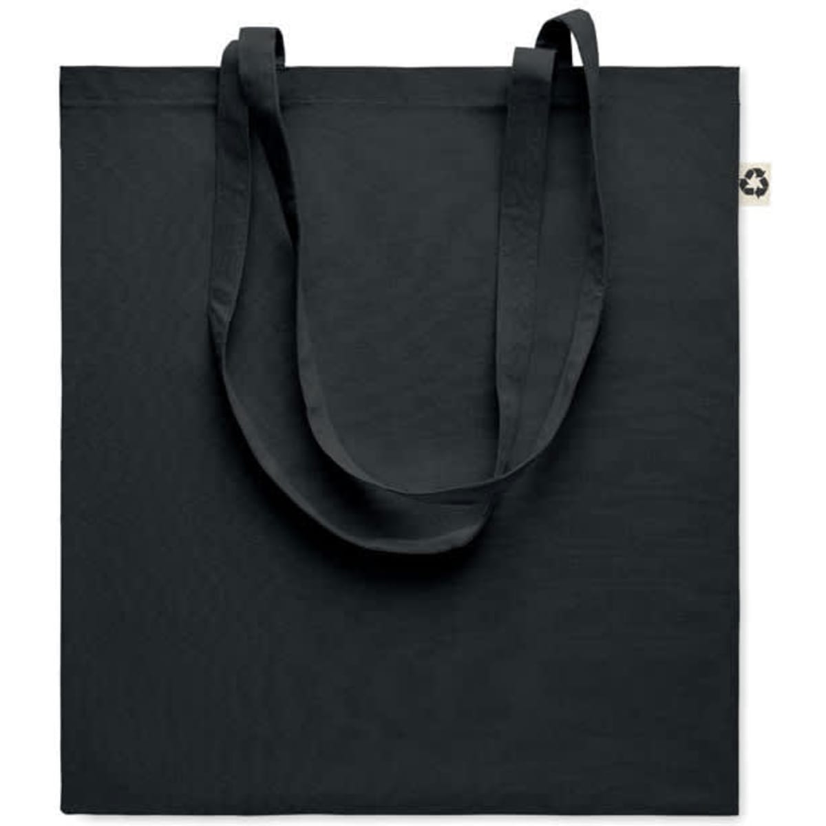 A black tote bag with two handles and a subtle logo on one side. Simple and eco-friendly design.