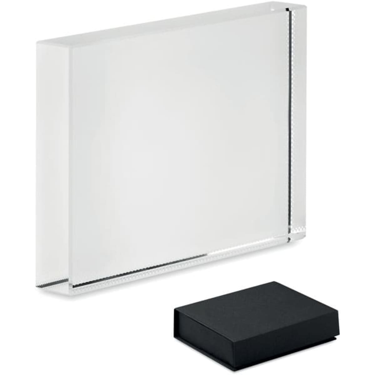 A transparent acrylic display box with a black base. The box is rectangular and features a sleek, modern design.