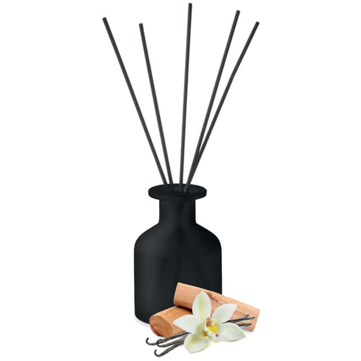 A black diffuser bottle with five black reeds, accompanied by pieces of wood and a vanilla flower.
