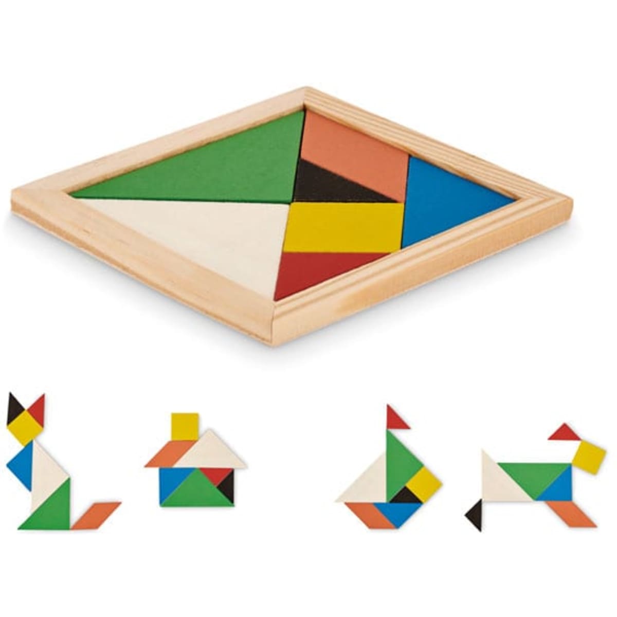 A tangram puzzle set with a wooden frame, featuring colourful geometric pieces in green, red, blue, yellow, and white.