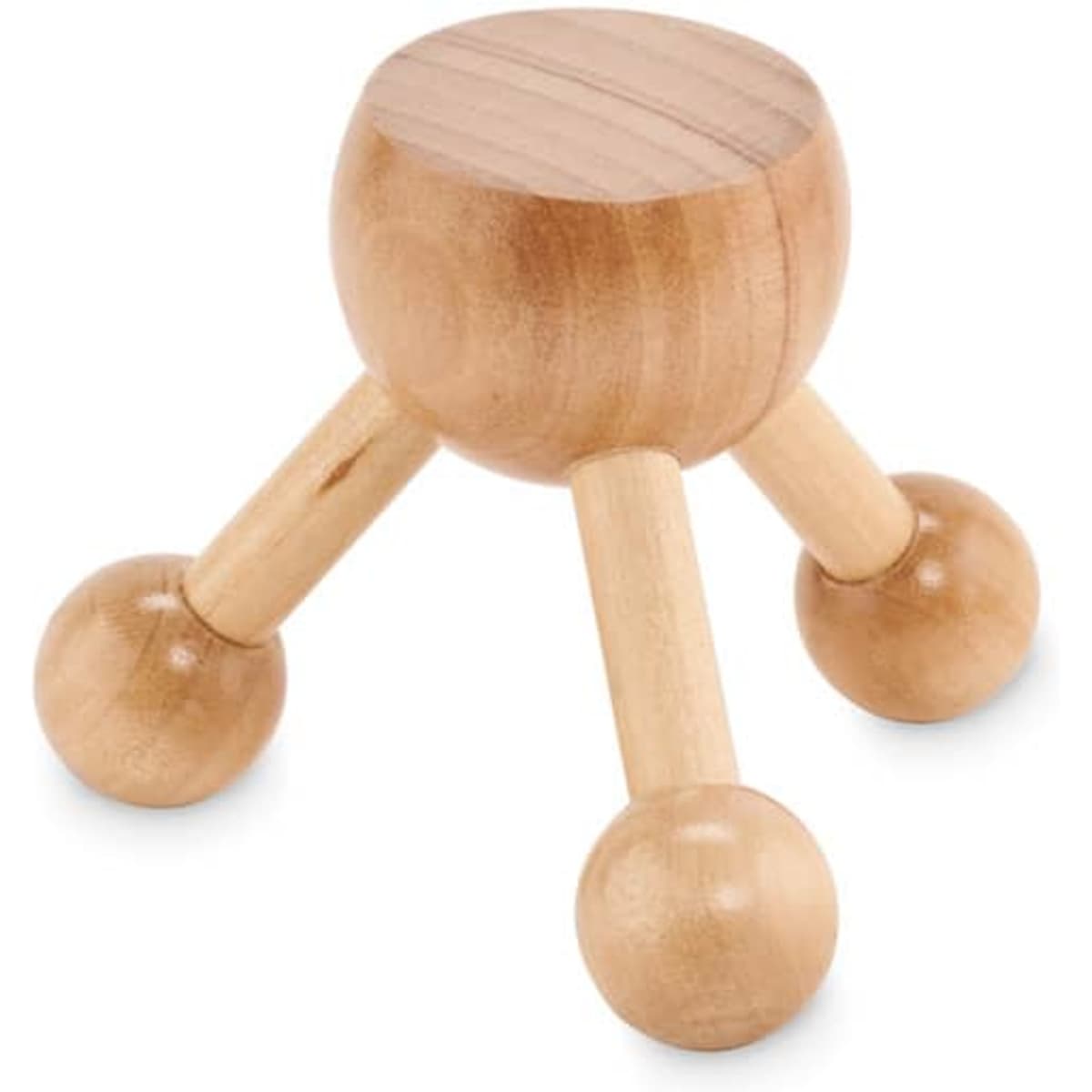A wooden stand with three legs and a rounded top, featuring a natural wood finish.