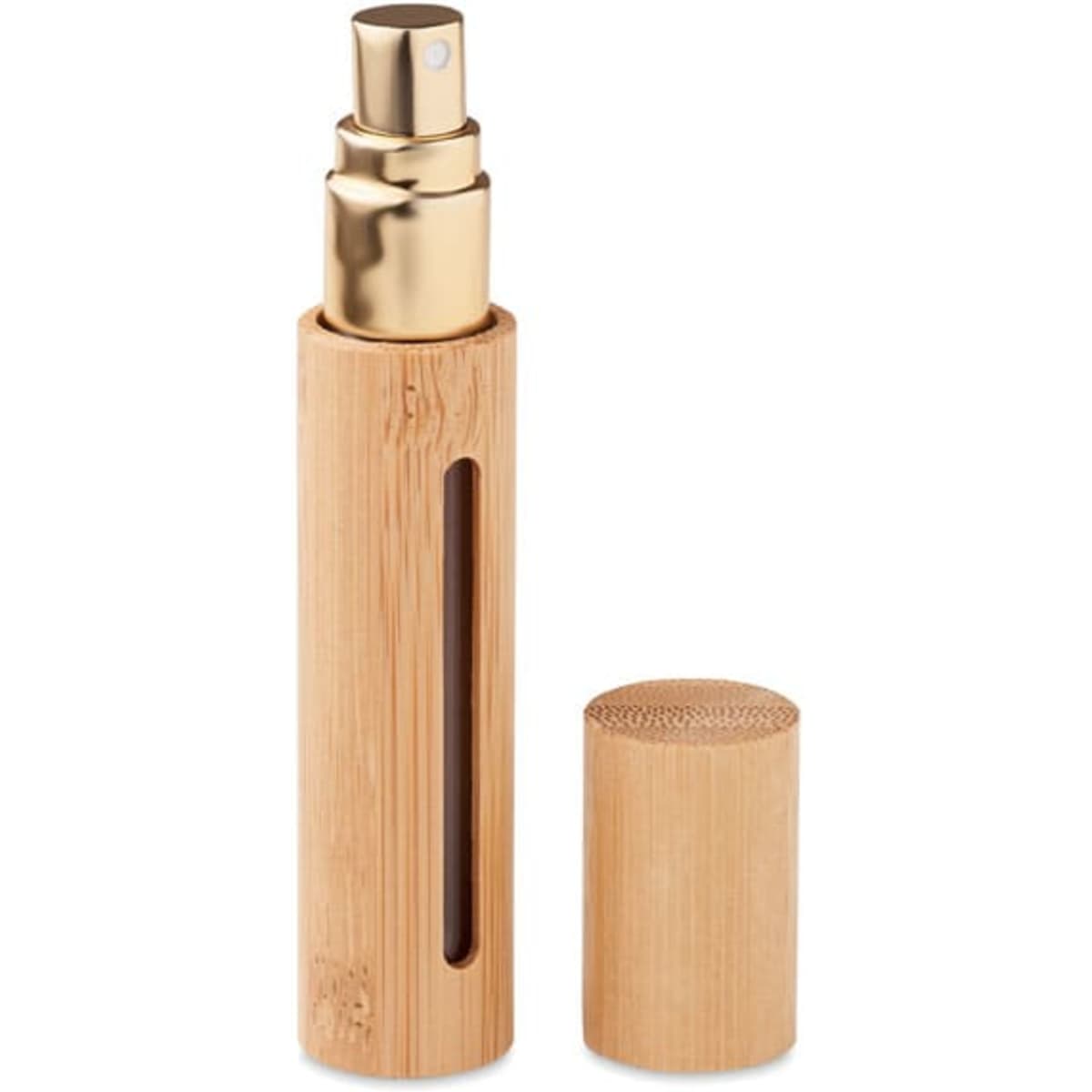 A spray bottle made of bamboo with a gold nozzle and a removable cap. Features a side opening for visibility.