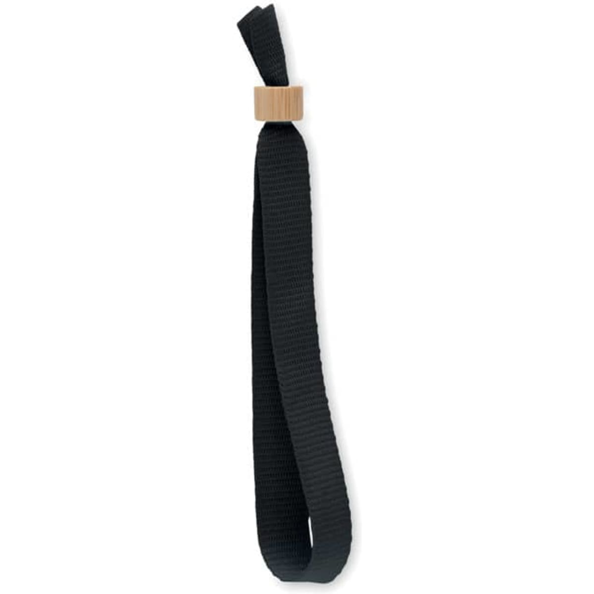 A black drink bottle strap featuring a wooden accent. The strap is made from durable material.