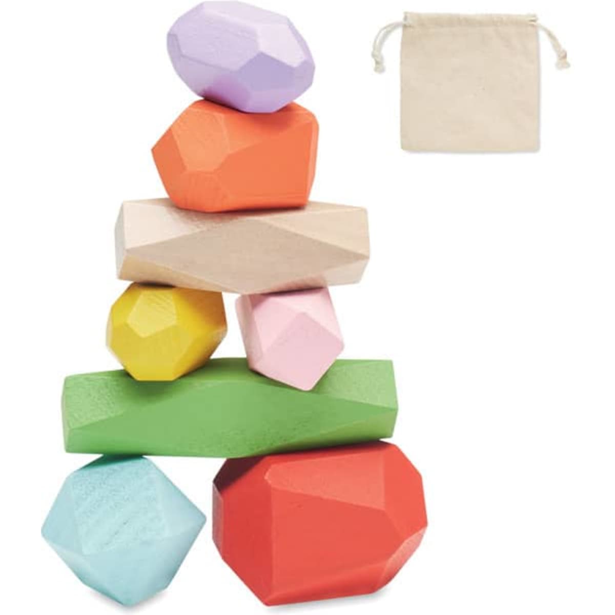 A stack of colourful geometric blocks in various shapes, alongside a small beige fabric storage bag.