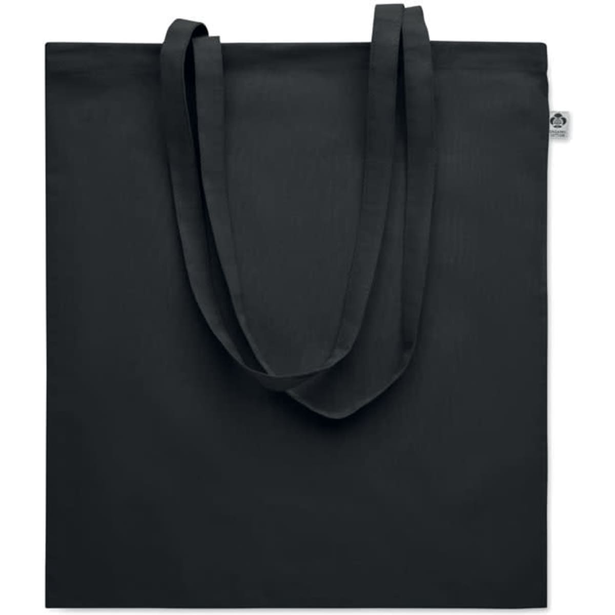 A black tote bag with two long handles and no visible design or text. Features a small logo tag.