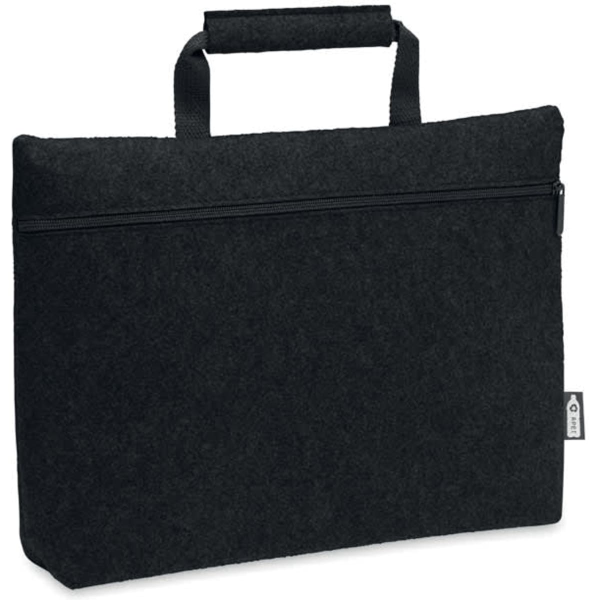 A black felt laptop bag with a zipper and a handle for easy carrying.
