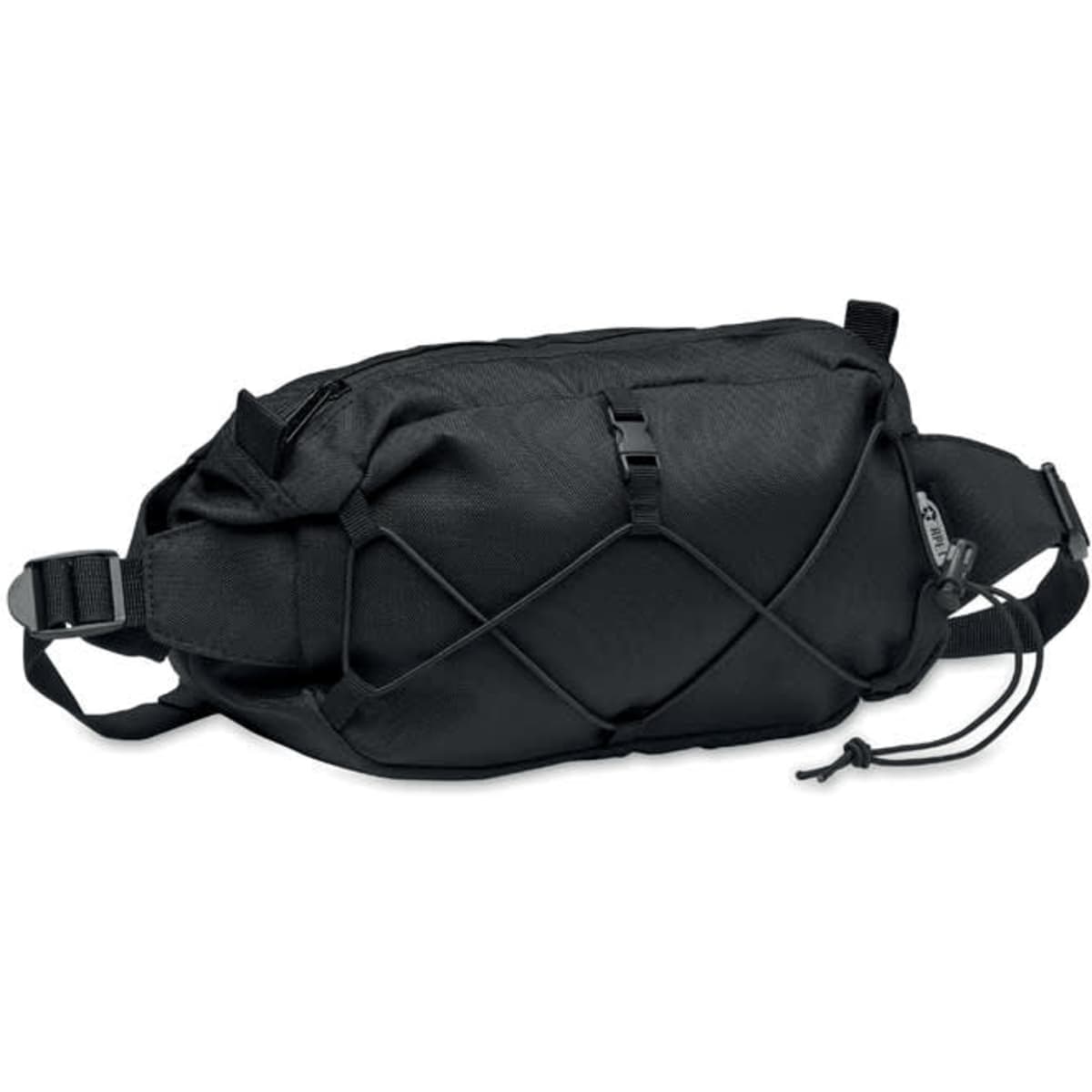 A black waist bag featuring adjustable straps and an elastic cord design, with a zippered compartment.