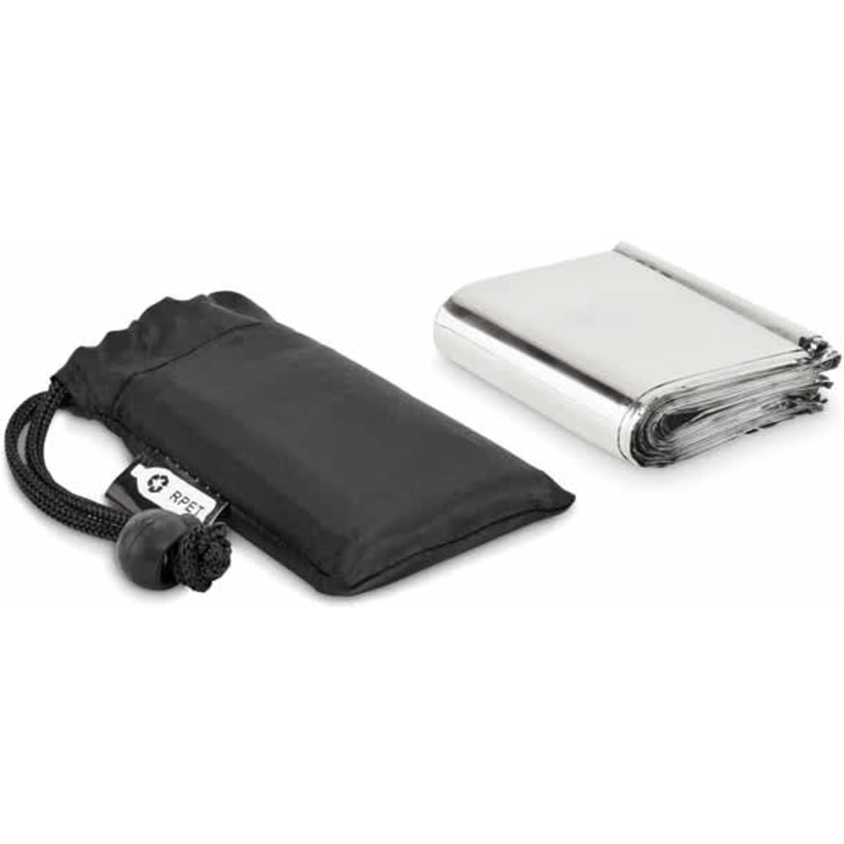 A compact, folded silver reusable drink bottle in a black pouch with a drawstring.