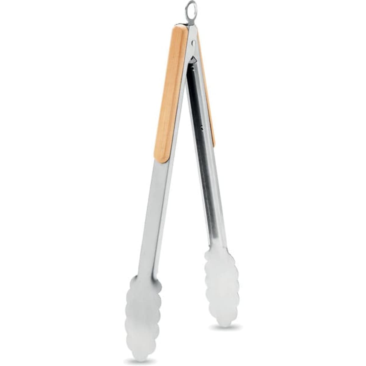A pair of stainless steel kitchen tongs with wooden handles and silicone tips. The tongs have a sleek design.