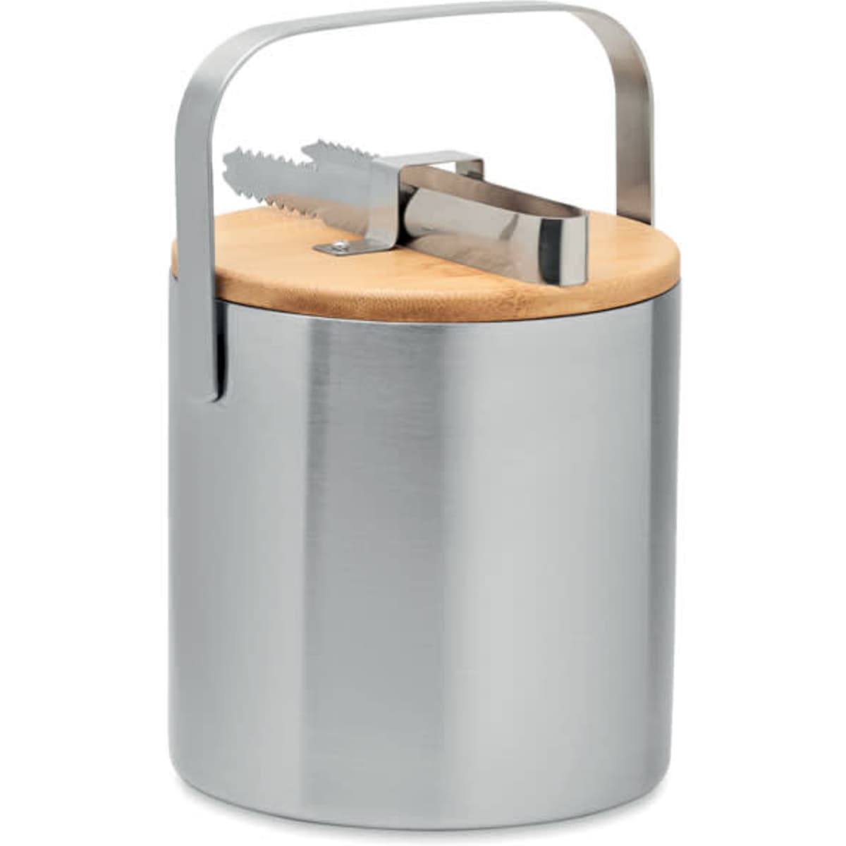 A drink bottle with a stainless steel body and a wooden lid, featuring a metal handle and a built-in strap.