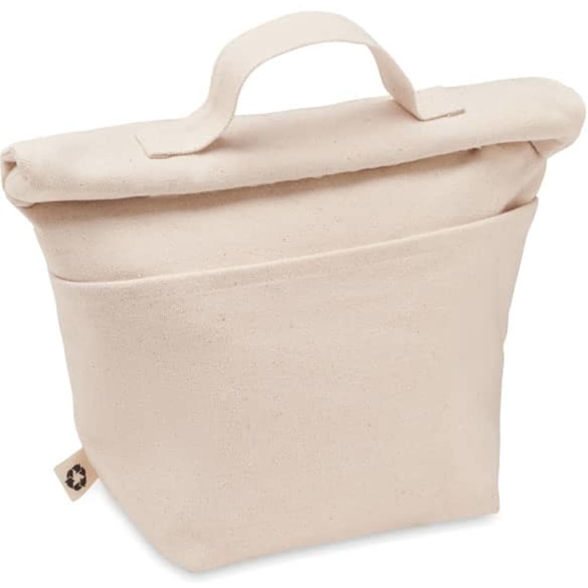 A beige reusable bag with a fold-over top and a handle, featuring a front pocket and a small logo.