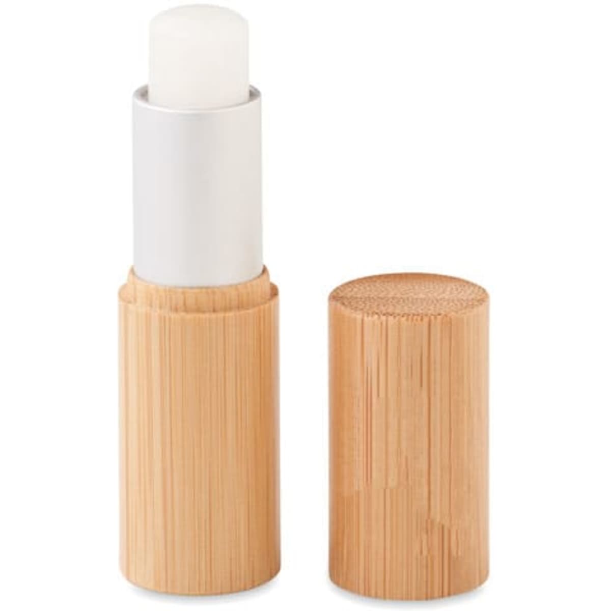 A bamboo drink bottle with a white lid and a removable bamboo cap, showcasing a natural finish.