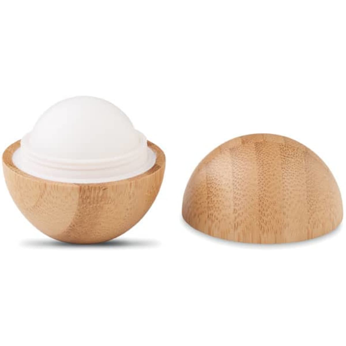 A round bamboo container with a white, spherical balm inside. The lid is separate, showcasing the smooth finish.