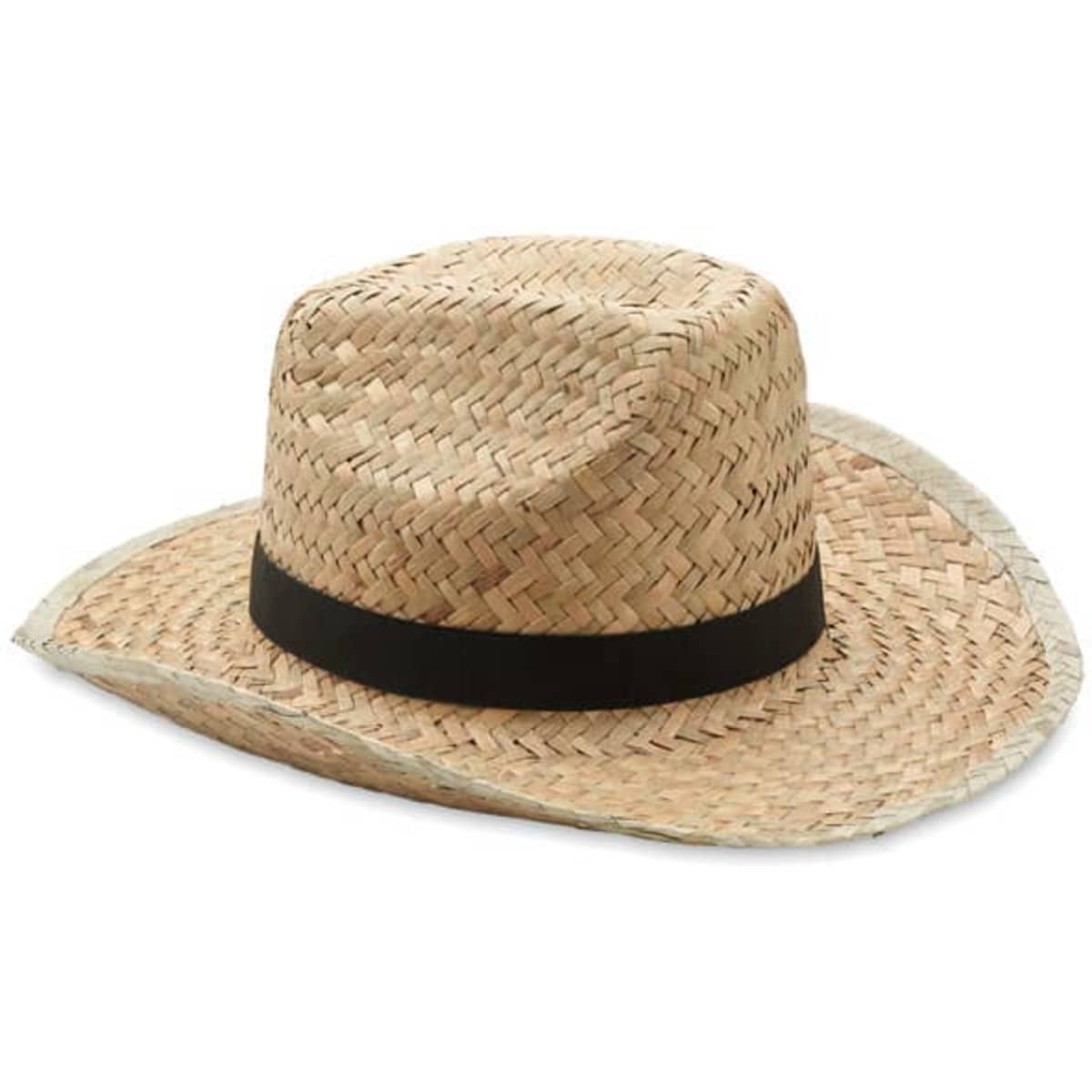 A straw hat with a wide brim and a black band, featuring a natural woven texture.