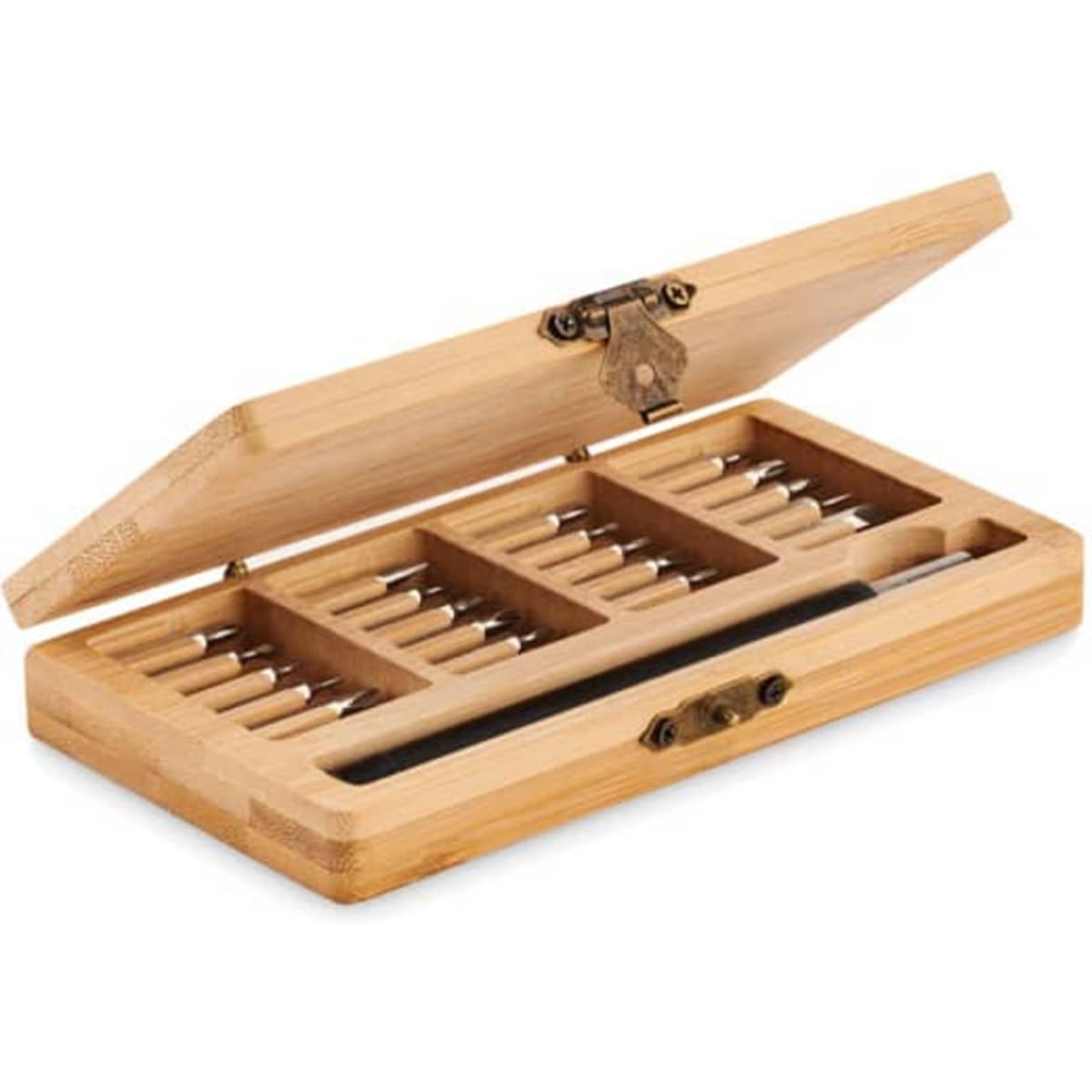 A bamboo pen case with an open lid, showcasing multiple compartments for pens and a single black pen.