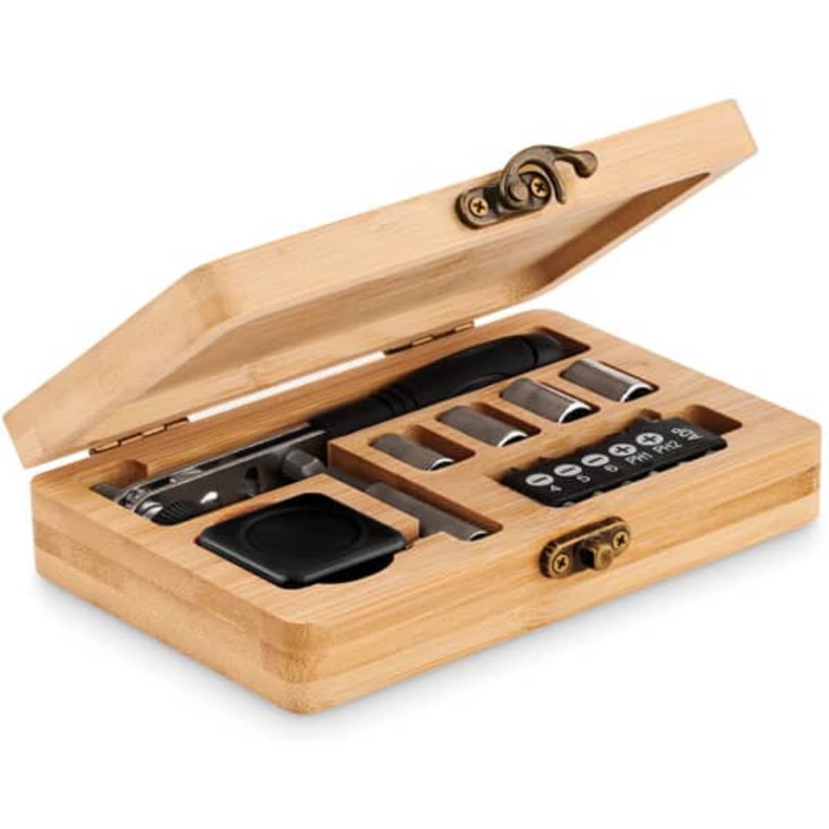 A wooden box with a hinged lid containing various tools and accessories, arranged in individual compartments.