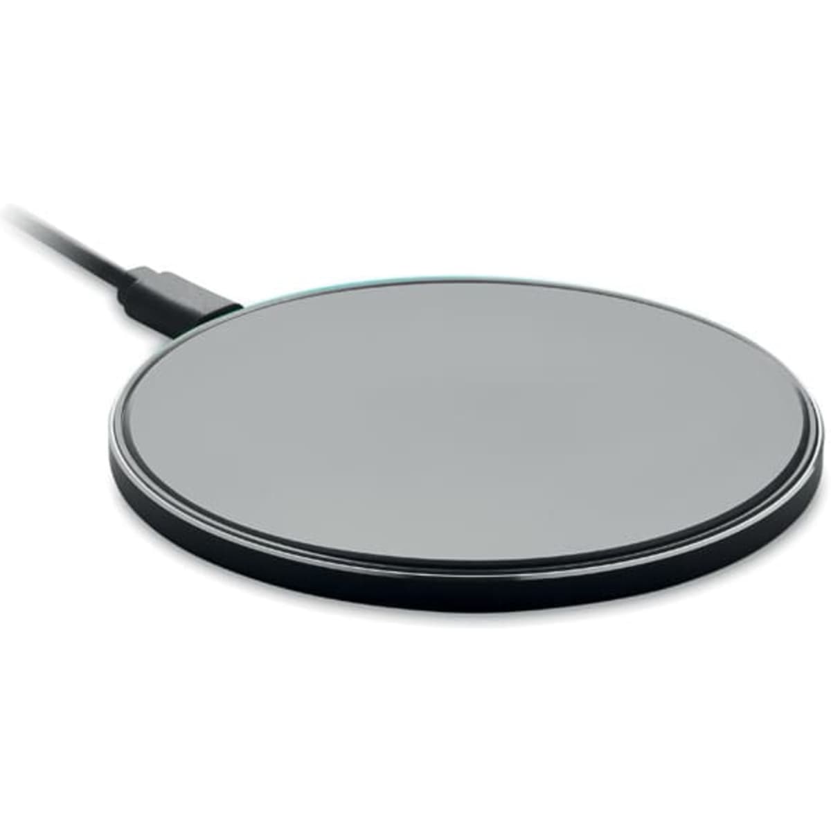 A charging pad in black with a sleek, circular design, featuring a USB connection.