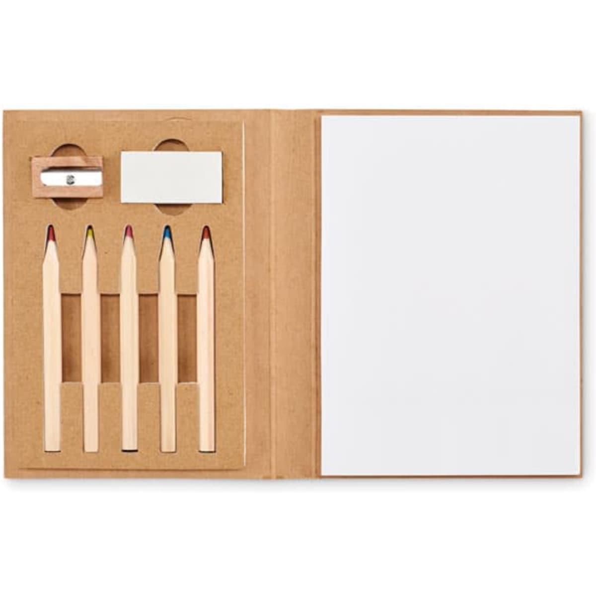 A stationery set featuring a notepad, five coloured pencils, and a sharpener, all in a brown cardboard case.