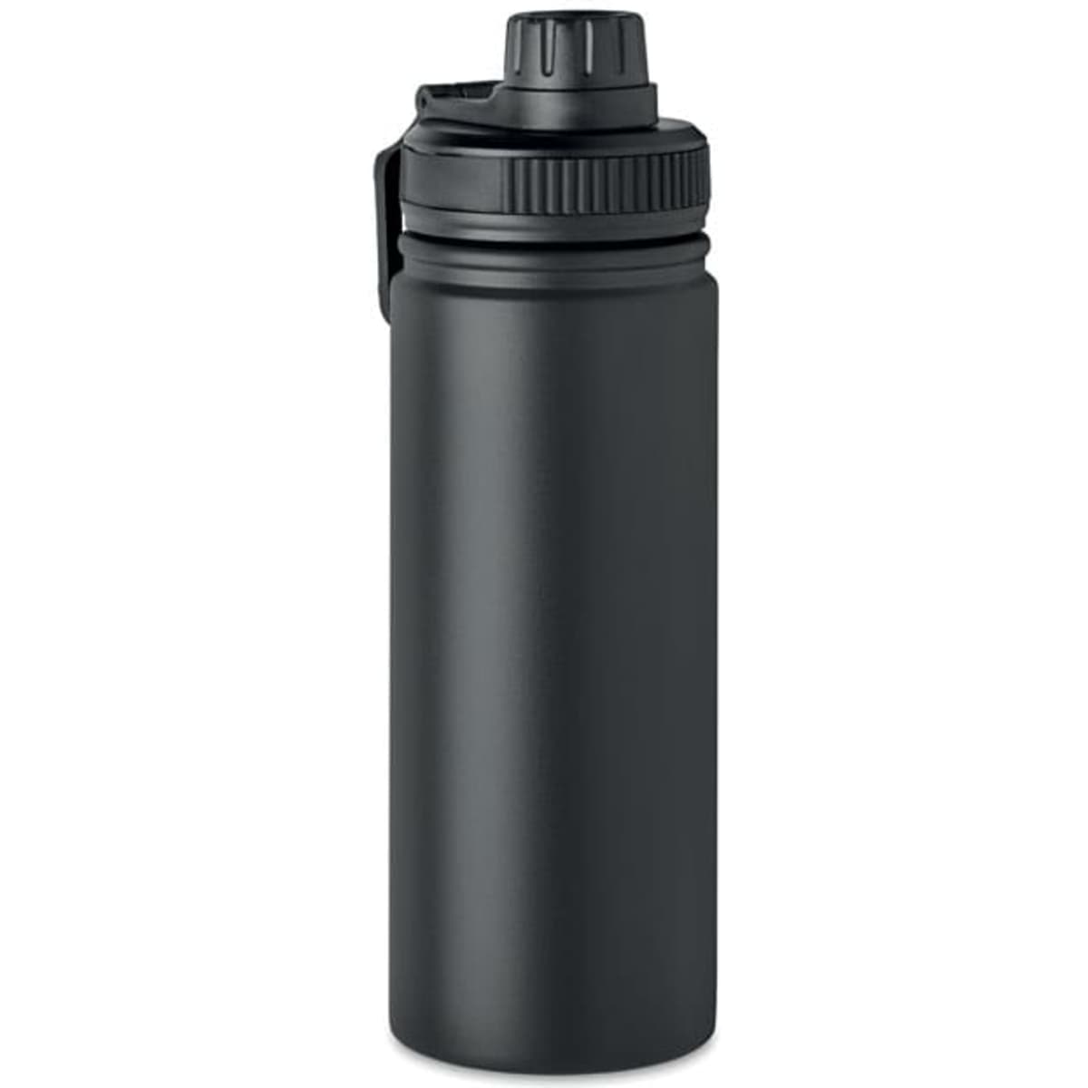 A drink bottle in matte black with a twist-off lid and a carry handle. It features a logo on the side.