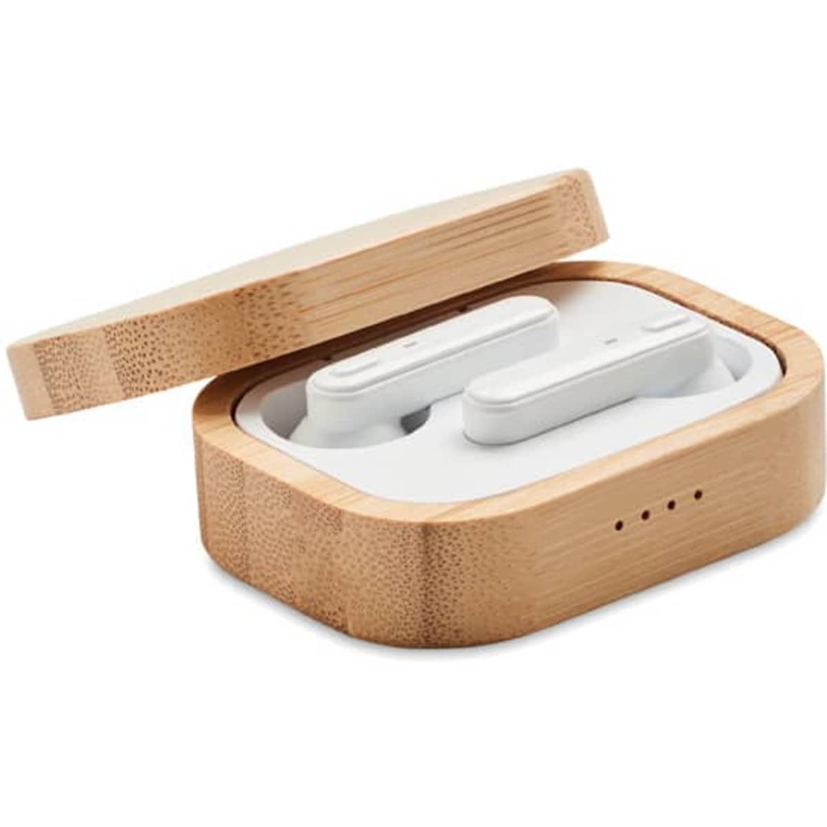 A bamboo case containing white wireless earbuds, with the lid opened to reveal the earbuds inside.