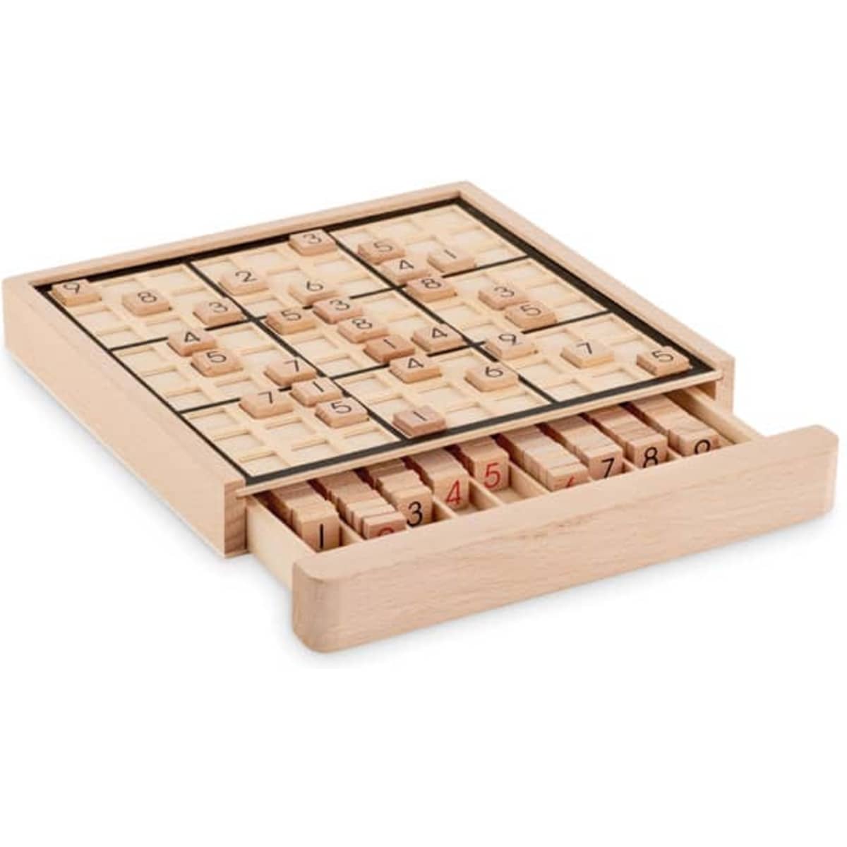 A wooden Sudoku board featuring a grid with numbers and a drawer for storing additional pieces.