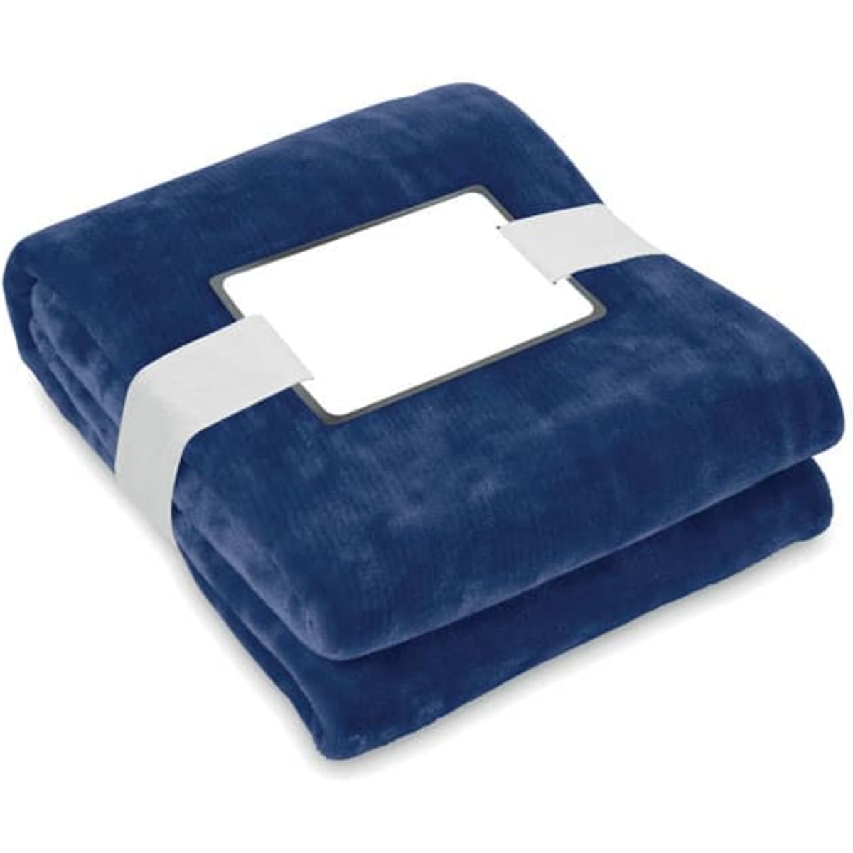 A plush navy blue blanket folded neatly and secured with a white band. The blanket features a blank label in the centre.
