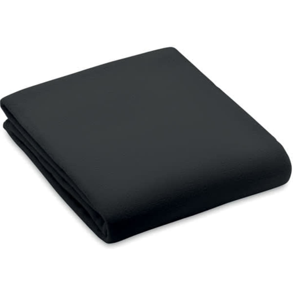 A black blanket folded neatly, featuring a smooth texture and a simple design. It has a minimalistic appearance.