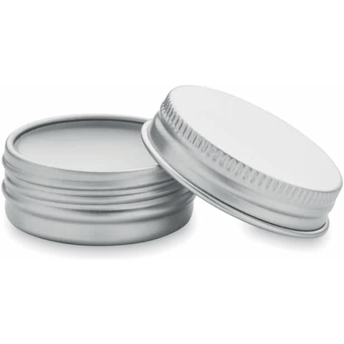 A small silver tin with a screw-on lid, partially open, revealing a smooth interior surface.