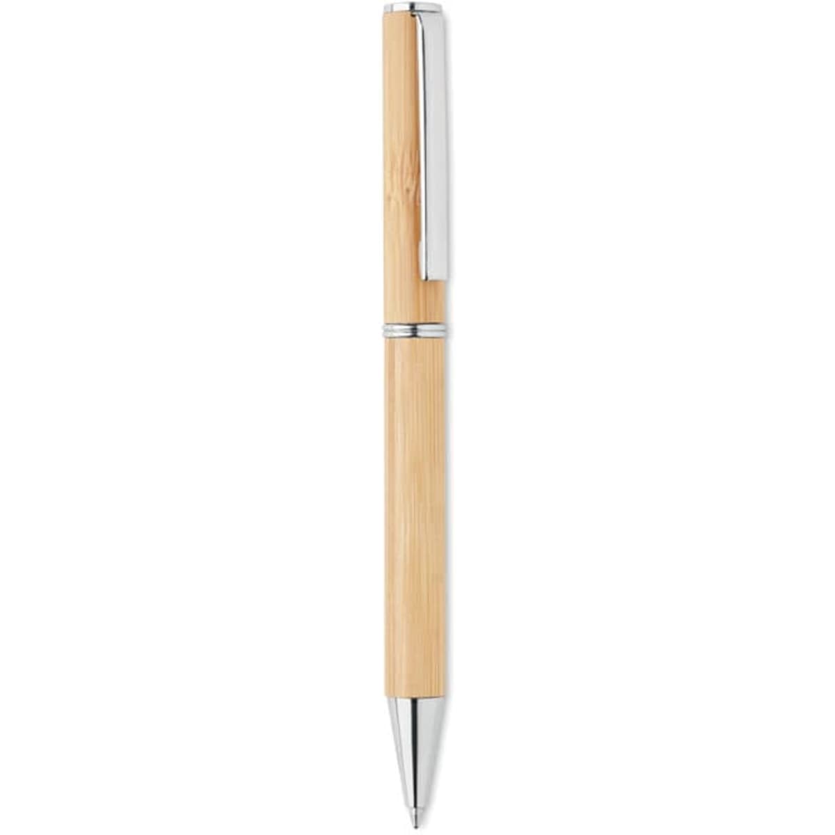 A pen with a bamboo barrel and a silver clip, featuring a smooth, shiny metal tip. It has a minimalist design.