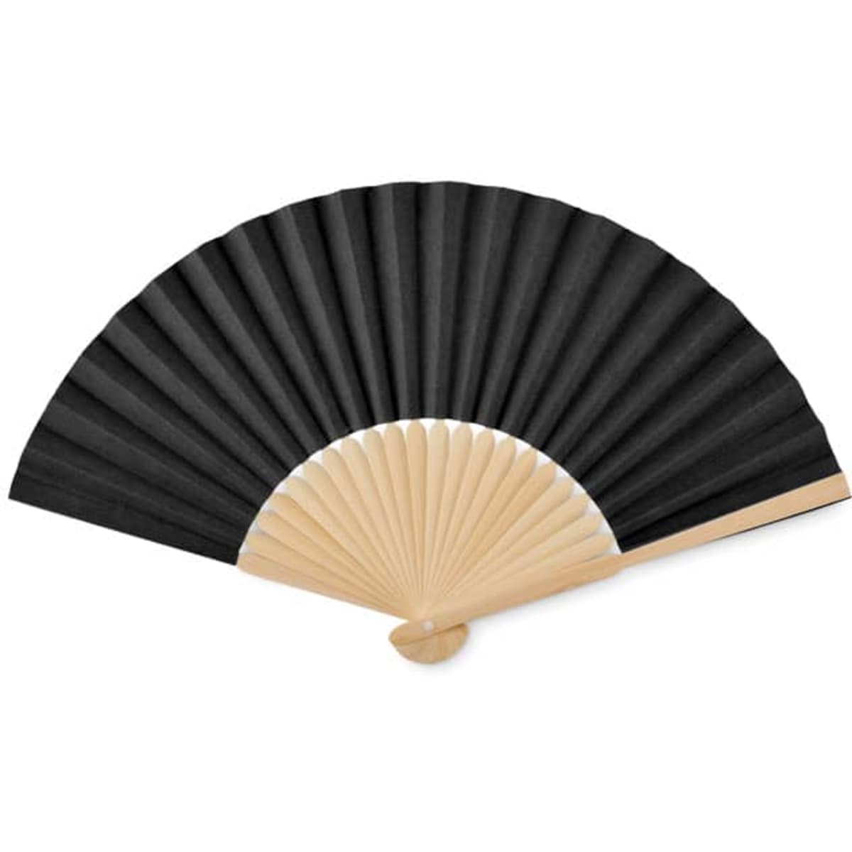 A black folding fan with a wooden handle and ribs, featuring a simple yet elegant design.