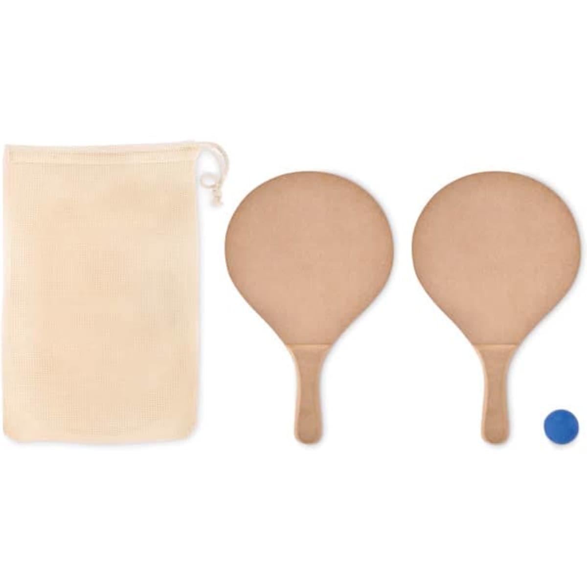 A set of wooden paddles, a blue ball, and a beige cloth pouch for storage.