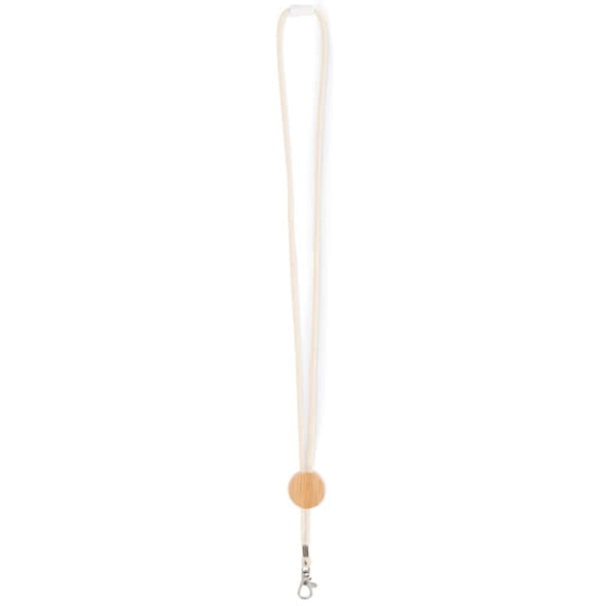 A lanyard with a wooden circle pendant and a metal clip, featuring a light-coloured strap.