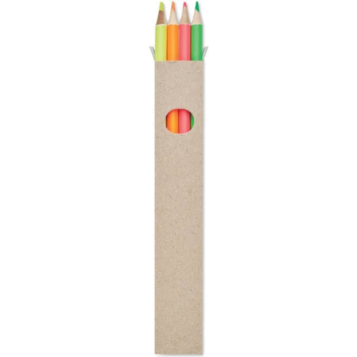 A set of coloured pencils in a cardboard holder, featuring pink, yellow, orange, green, and blue hues.