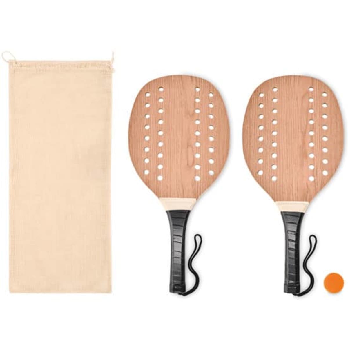 A set of wooden paddles with black handles, accompanied by a storage bag and an orange ball.
