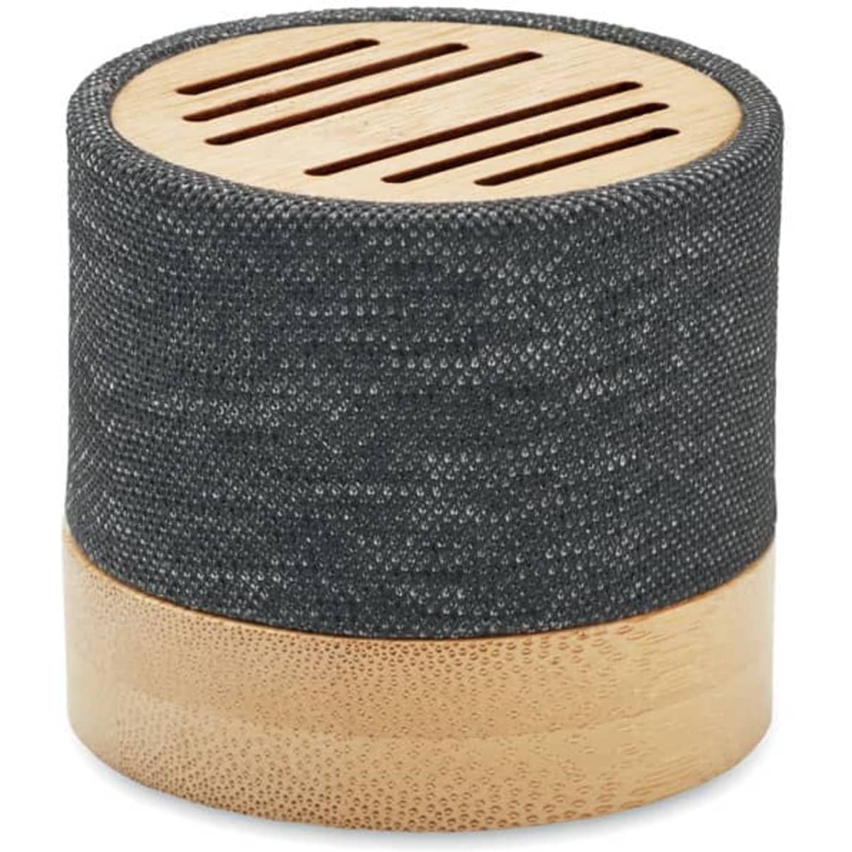 A circular container with a dark textured fabric exterior and a wooden base, featuring slits on the top.